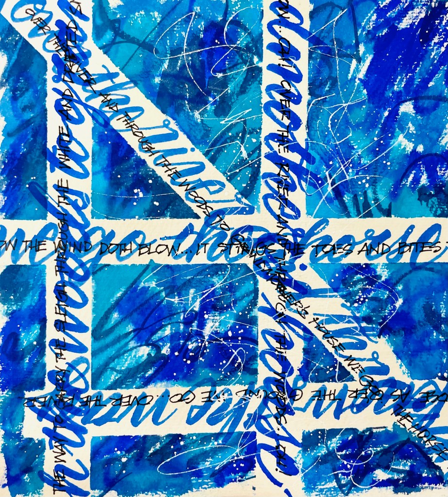 An abstract artwork featuring various shades of blue with overlapping text in a bold, artistic font. The composition includes painted textures and expressive lines, creating a dynamic visual impression.