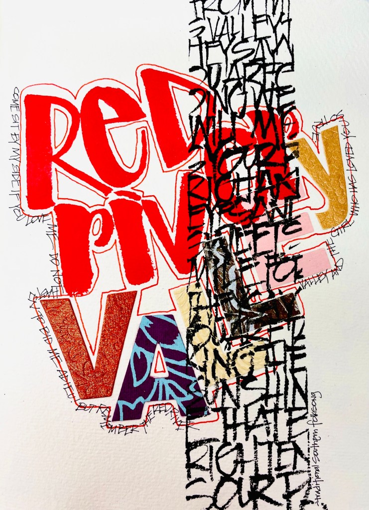 An artistic piece featuring bold text with the words 'RED' and 'VALLEY' in red and other decorative styles, surrounded by intricate black handwritten text.